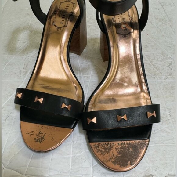 Ted Baker Biah Leather Ankle Strap Block Heel Rose Gold Bow Studs Sandal Shoe 38 - Picture 6 of 16